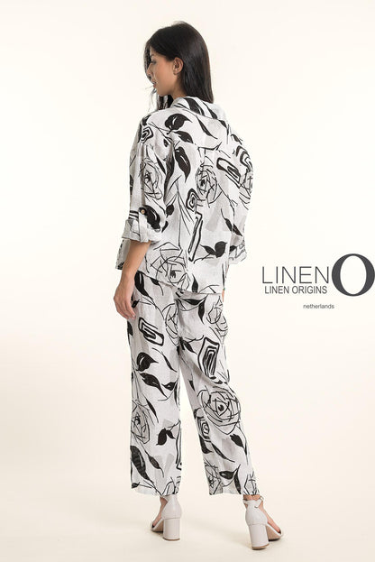 Roll-Up Sleeve Button Front Abstract Leaf Print Top. Style LOTP1685P-11