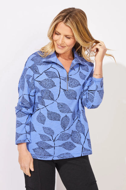 Quarter Zip Dotted Leaves Print Sweater. Style ESC96112