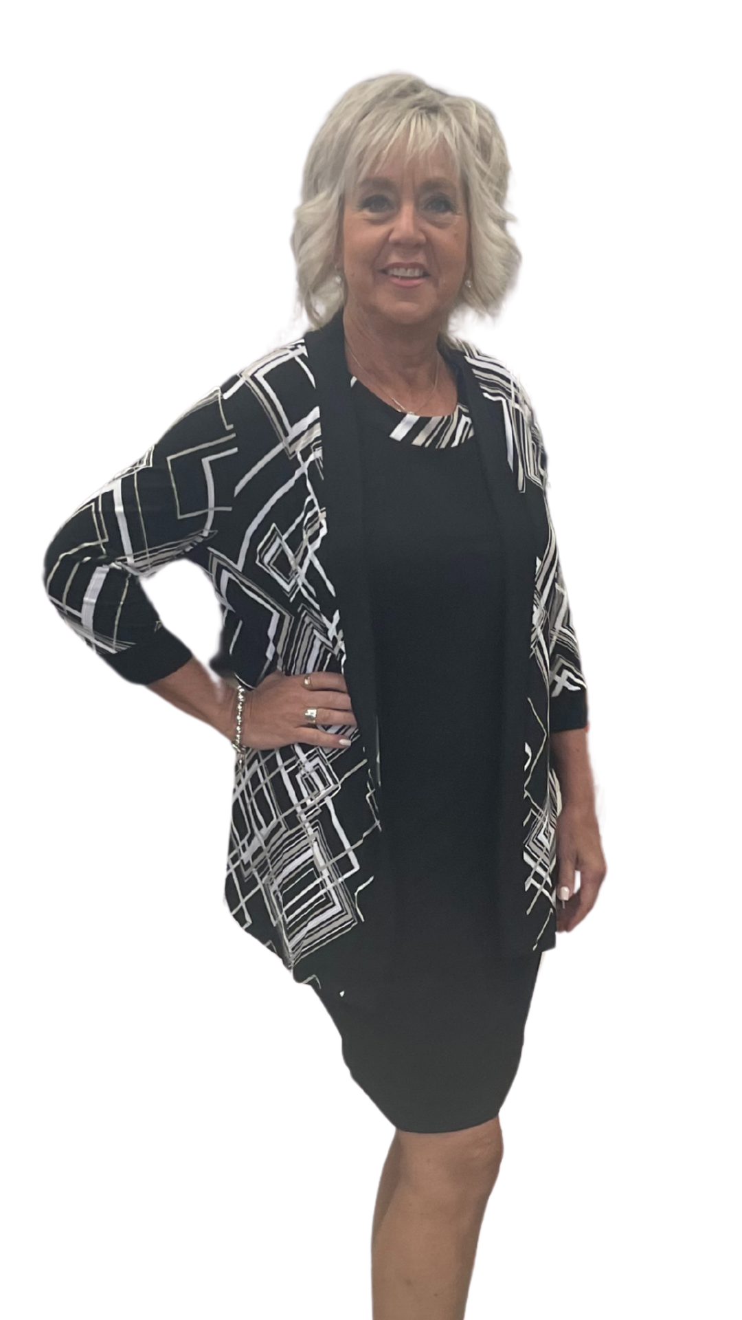Petite Pattern Cardigan with Solid Black Dress. Style SW208205DP
