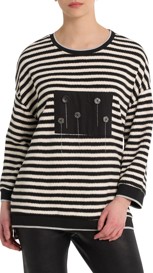 Black Applique with Button & Rhinestones Striped Sweater . Style MIKS2301