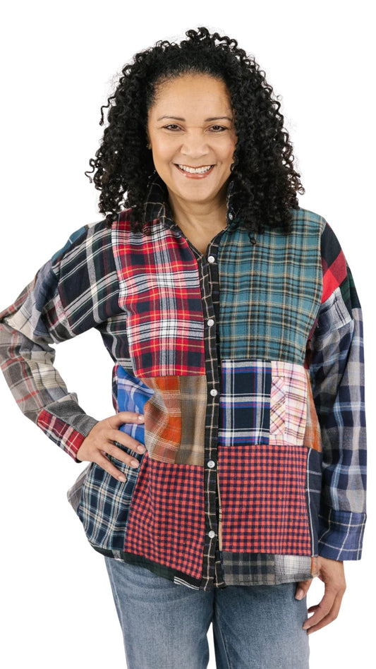 Patchwork & Pockets Flannel Shirt. Style SHNP5620