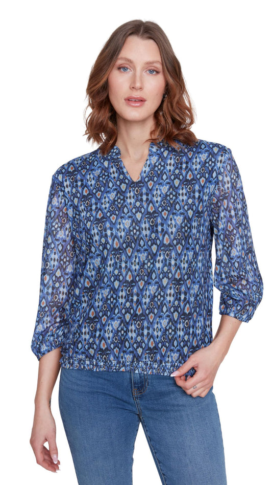 V-Neck Elastic Hem & Sleeve Blue Print Top. Style CYC2525027
