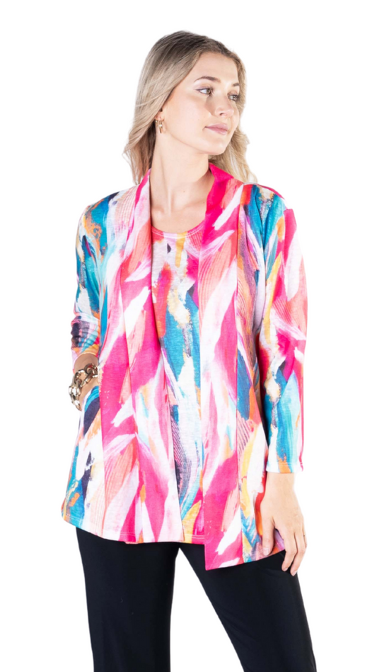 Multi Colour 3/4 Sleeve Open Front Cardigan. Style JDA8040-18