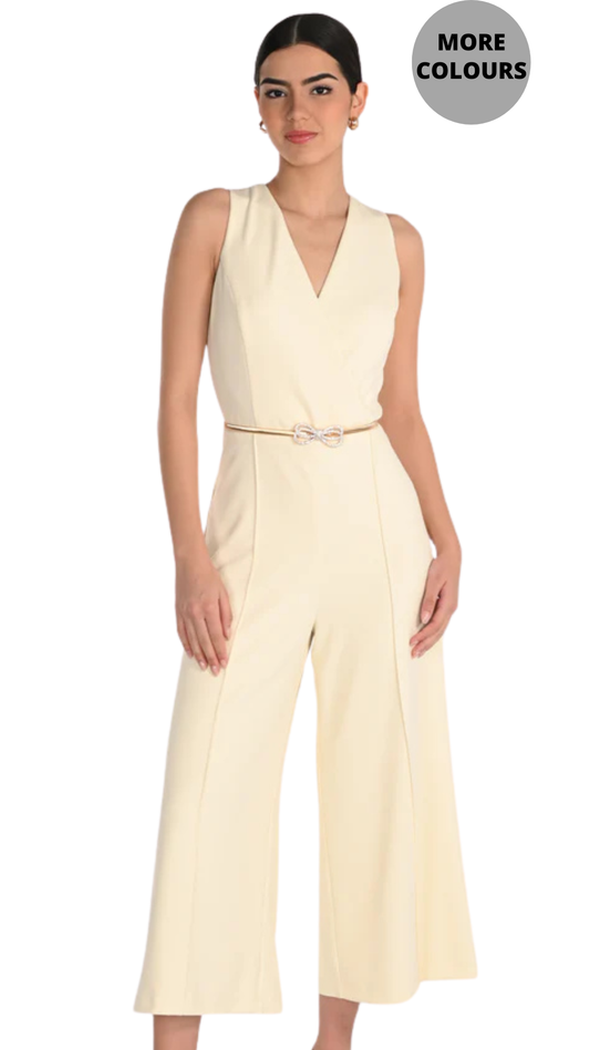 Sleeveless V-Neck Wide Leg Belted Jumpsuit. Style FL268134