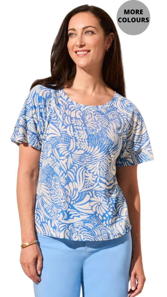 Linen Blend Ruffled Sleeve Top. Style TR2029O-1557