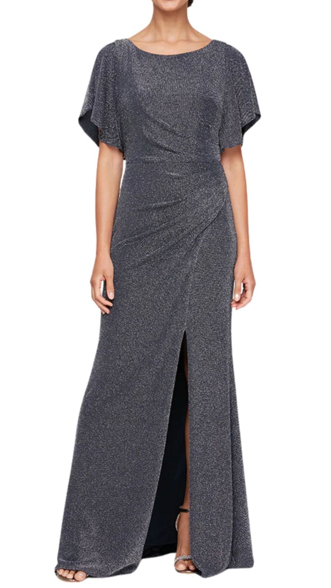 Front Slit Flutter Sleeve Sparkle Gown. Style ALE8127630