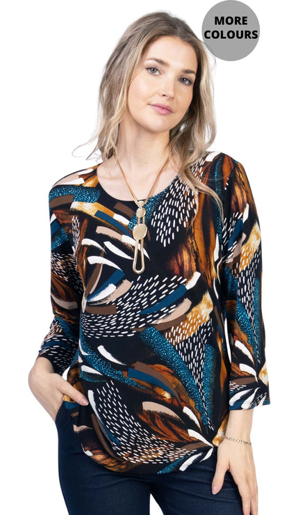 Round Neck 3/4 Sleeve Abstract Print Top. Style JDA4251-7
