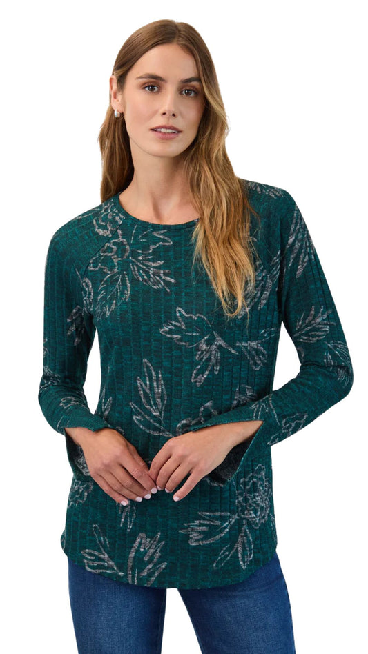 Long Sleeve Floral Print Ribbed Top. Style FD3421508