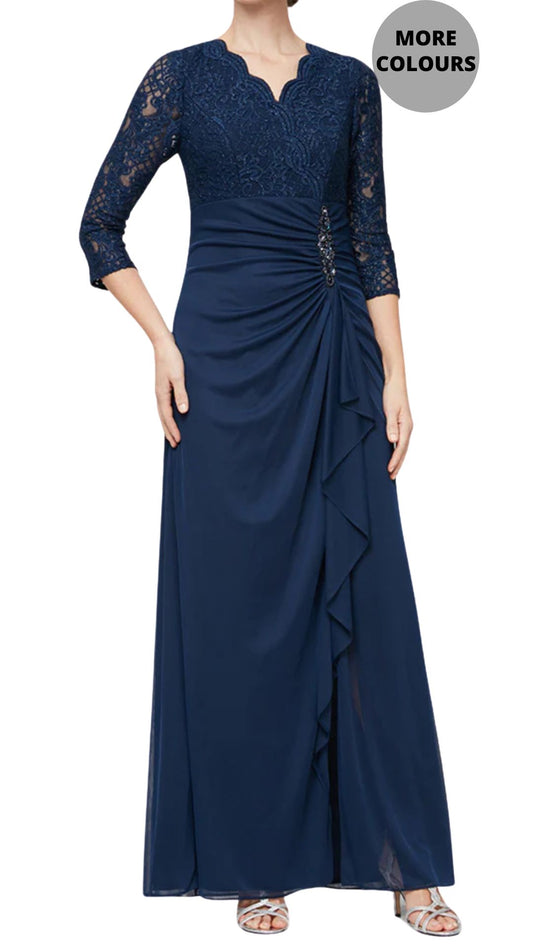 Empire Waist Lace & Mesh Dress with Surplice Neckline. Style ALE81122469