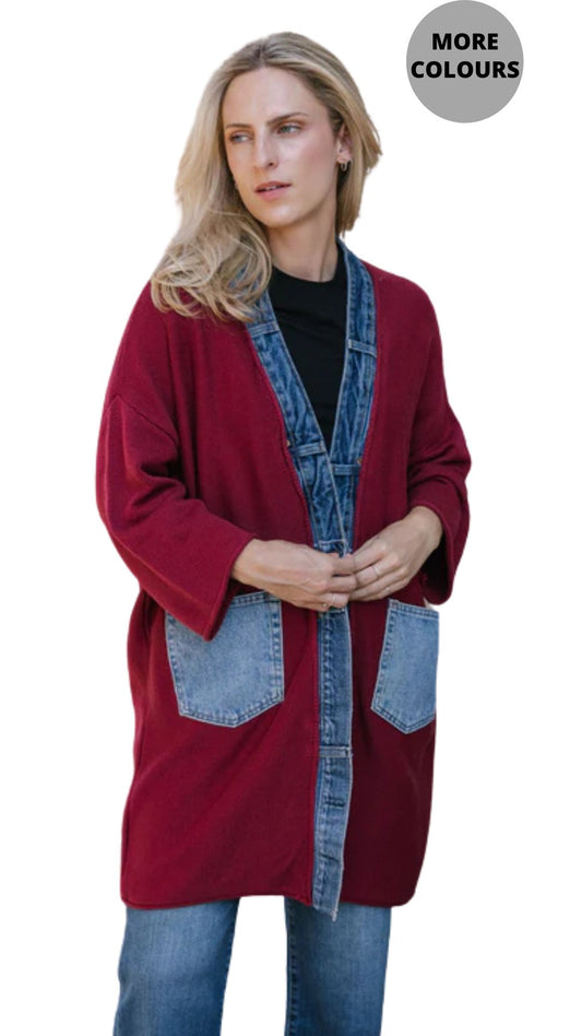 "LOVE" Denim & Knit Cardigan. Style SHNP5547