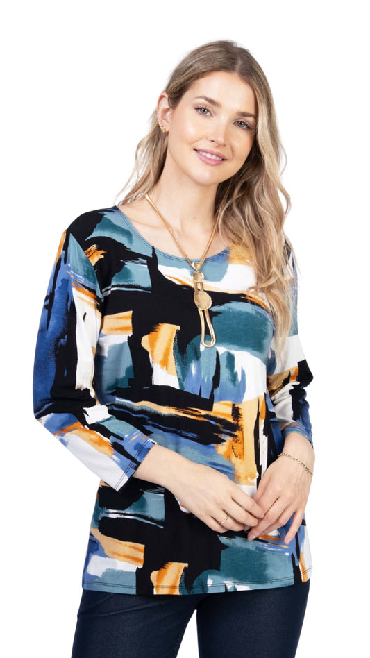 Round Neck 3/4 Sleeve Abstract Print Top. Style JDA4251-9