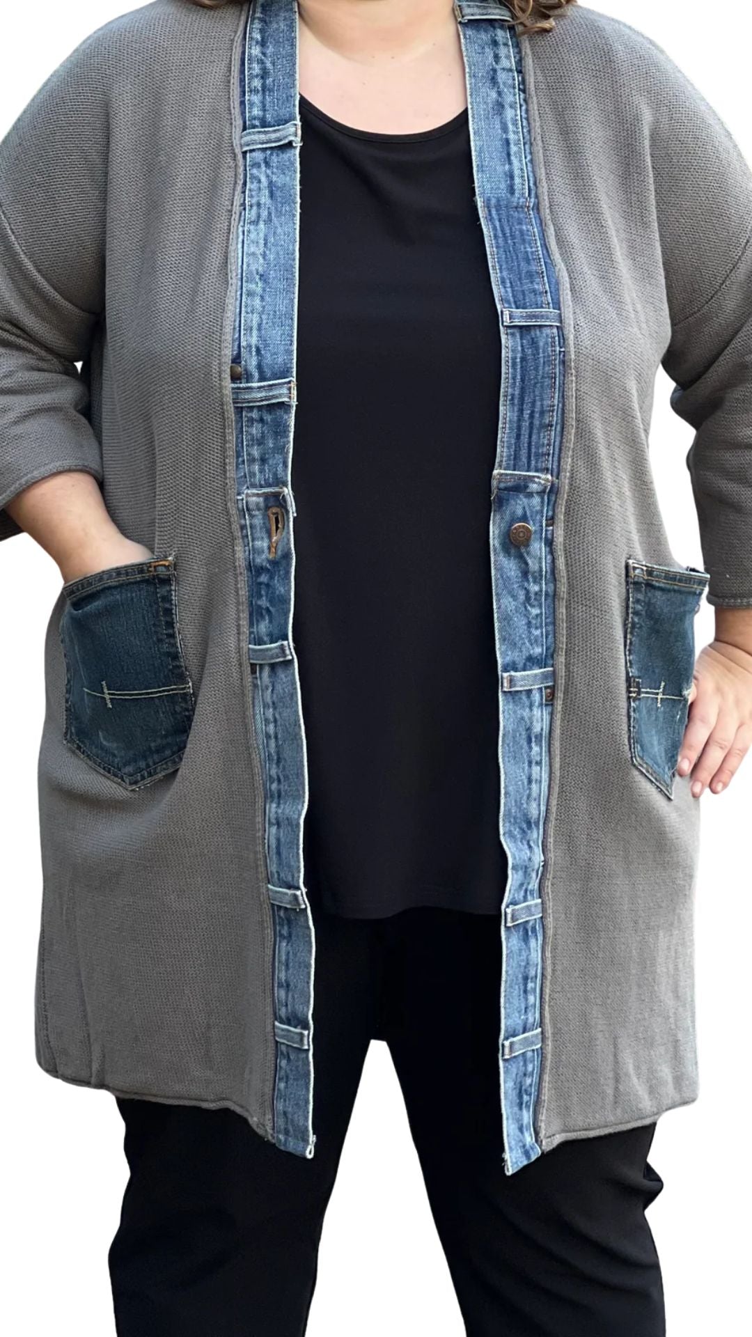 "LOVE" Denim & Knit Cardigan. Style SHNP5547