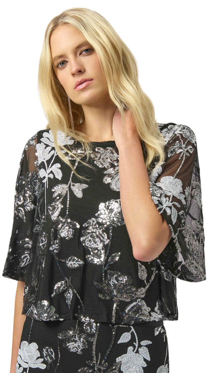 Sequin Embroidered Floral Print Boxy Top. Style JR254181