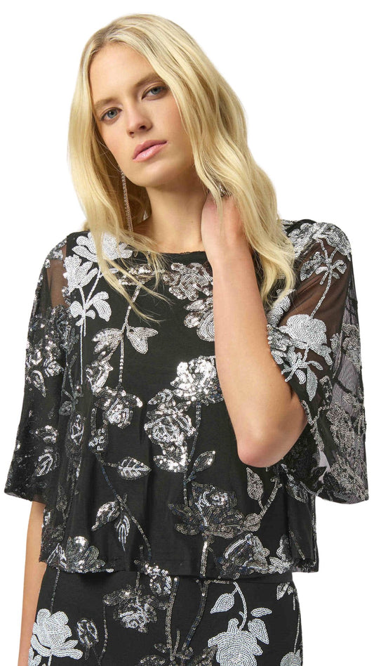 Sequin Embroidered Floral Print Boxy Top. Style JR254181