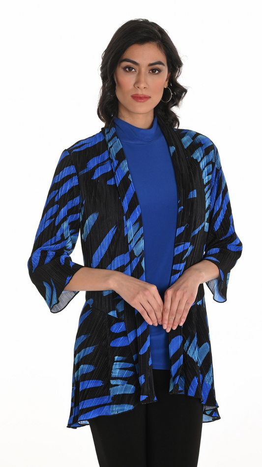 Blue & Black Abstract Print Crinkle Fabric Cardigan. Style FL253328