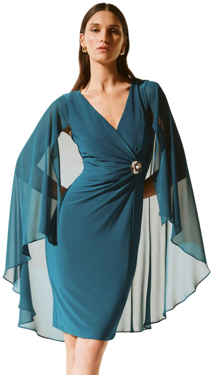 Silky Knit Sheath Dress with Chiffon Cape. Style JR243701