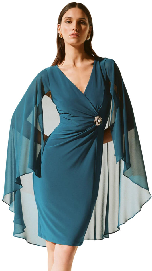 Silky Knit Sheath Dress with Chiffon Cape. Style JR243701