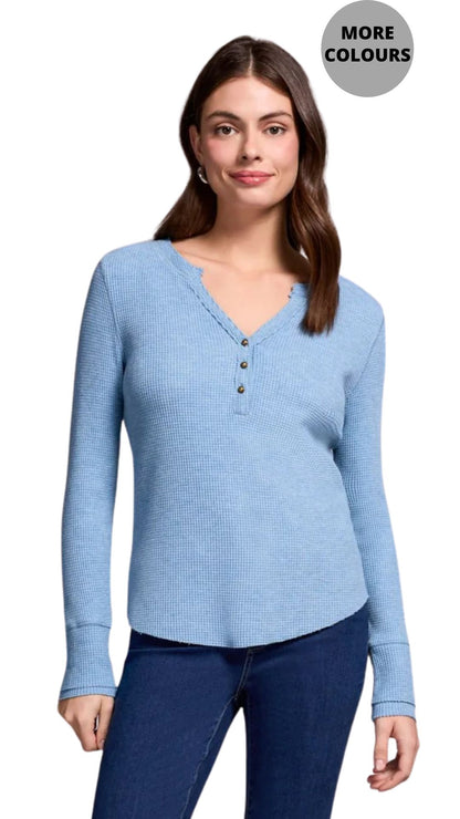 Brushed Waffle Knit Henley Long Sleeve Top. Style TR5899O-5159