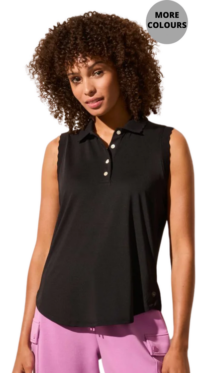 Sleeveless Scallop-Edge Rib Polo Top. Style TR2061O-3506