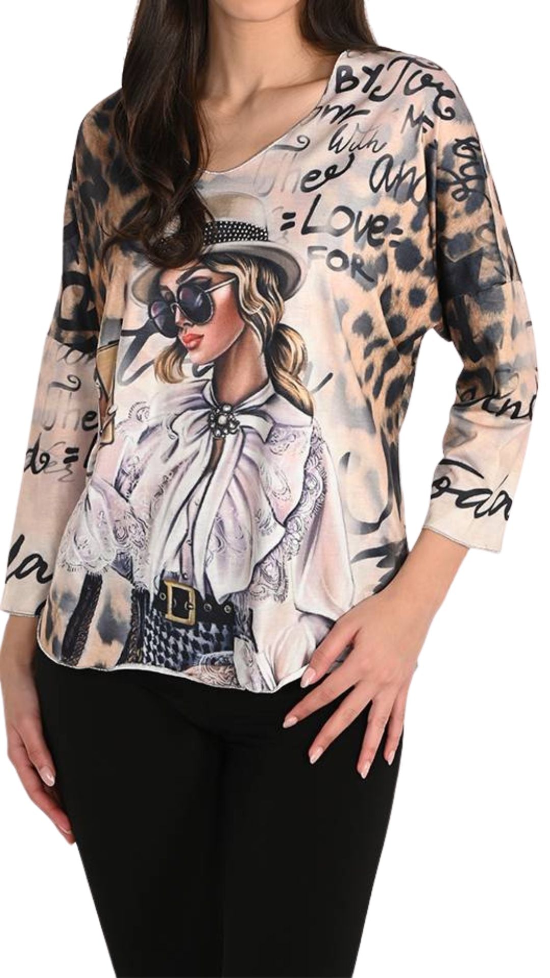 Abstract Prints & Girl with Phone Design Top. Style FL266562