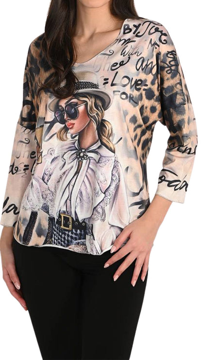 Abstract Prints & Girl with Phone Design Top. Style FL266562