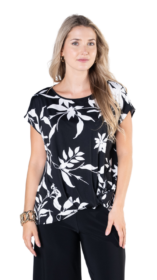 Petite Black & Ivory Floral Knot Front Top. Style JDA3300-P4
