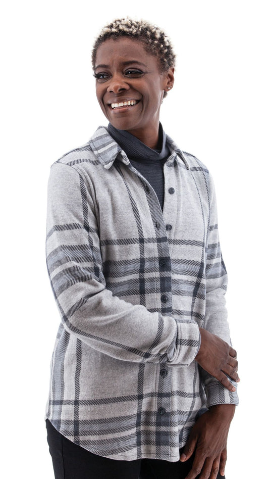 Button-Up Plaid Boyfriend Shirt. Style AVM18332CY