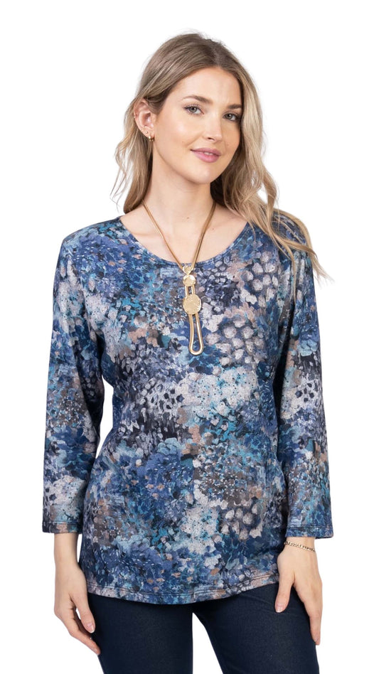 Petite 3/4 Sleeve Round Neck Blue Tones Top. Style JDA4251-P14