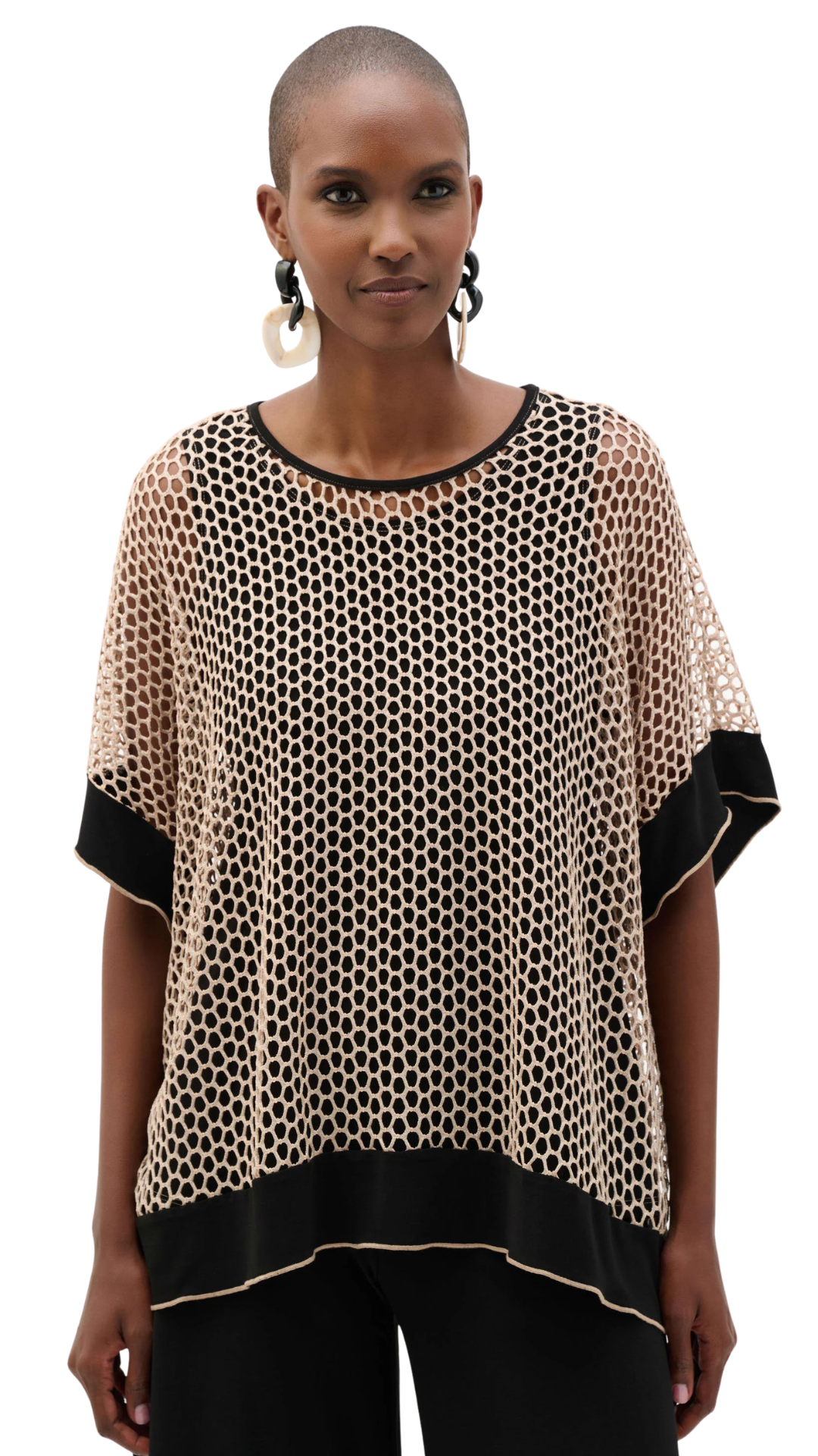 Silky Knit And Mesh Contrast Cuffs Trapeze Top. Style JR262160