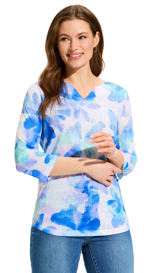 3/4 Sleeve Notch Neck Top, Watercress Blue. Style FD3847451