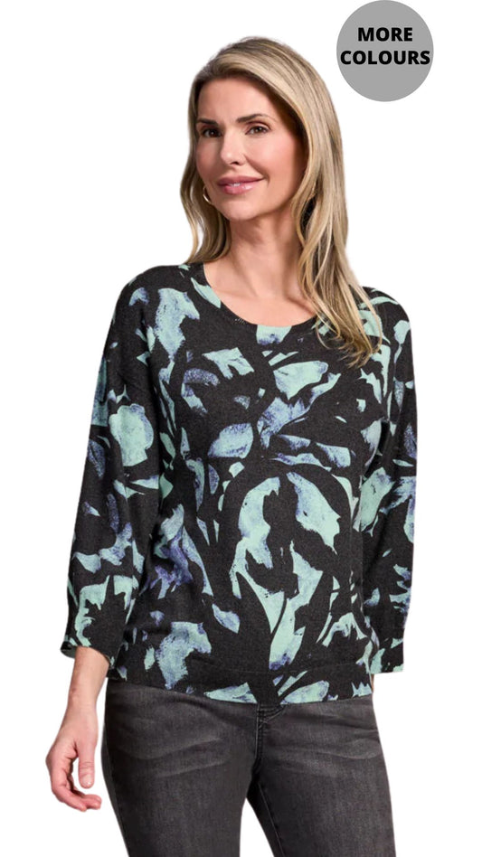 Crew Neck 3/4 Sleeve Printed Sweater. Style TR2175O-8169