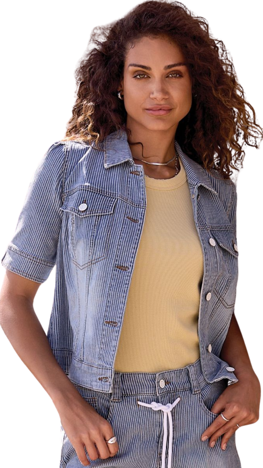 Striped Button Up Cropped Denim Jacket. Style TR6134O-5433