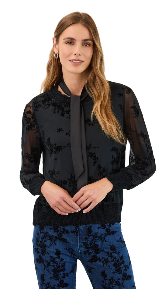 Black Mesh Velvet Flower Print Tie Neck Top. Style FD3345226