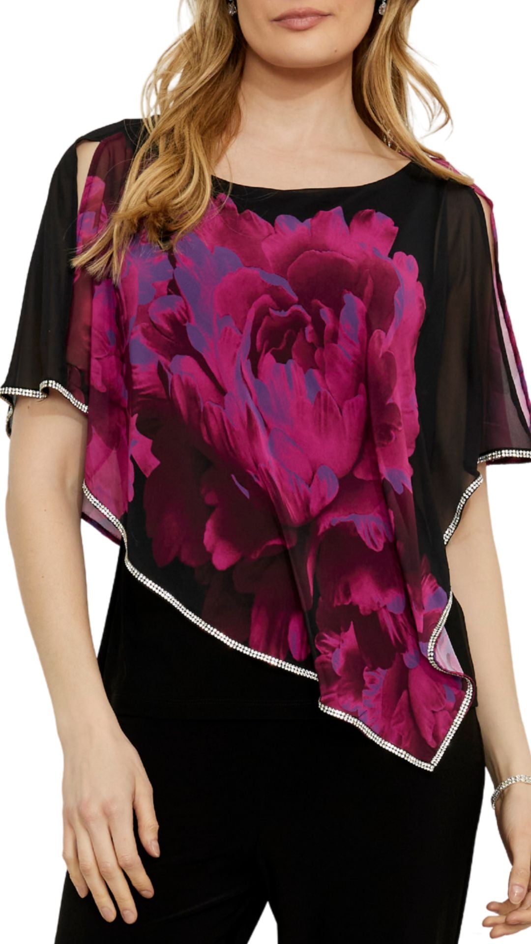 Floral Print Overlay Rhinestone Trim Top. Style FL259349