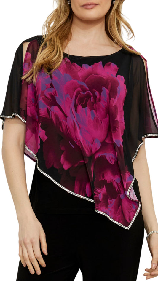 Floral Print Overlay Rhinestone Trim Top. Style FL259349