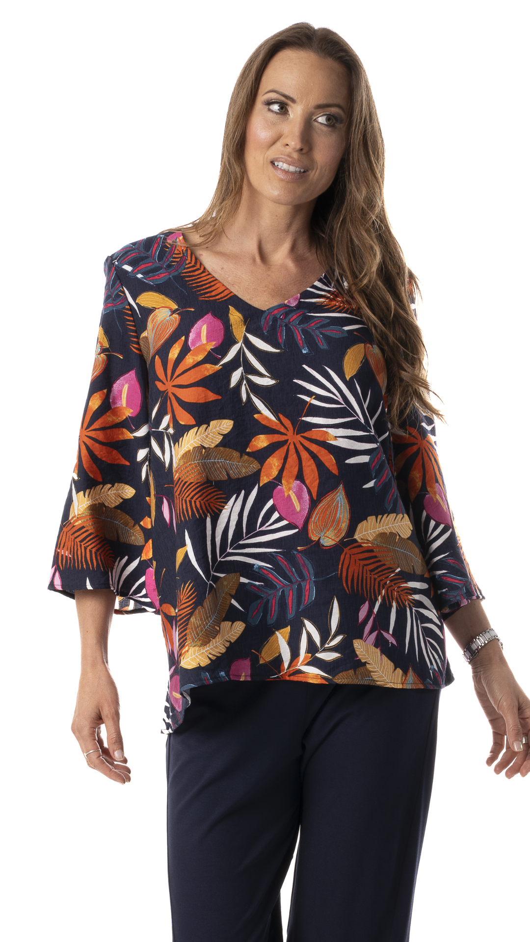 V-Neck Flare 3/4 Sleeve Leaf Print Top. Style PE588-4633