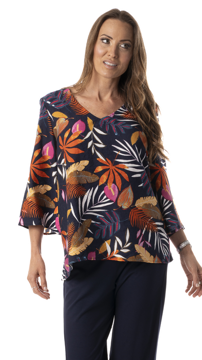 V-Neck Flare 3/4 Sleeve Leaf Print Top. Style PE588-4633
