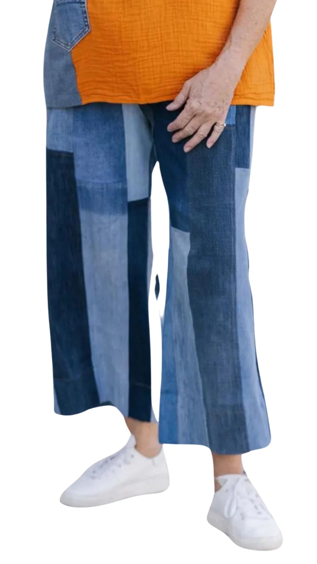 One-Size Patchwork Demim Wide Leg Crop. Style SHNP5443