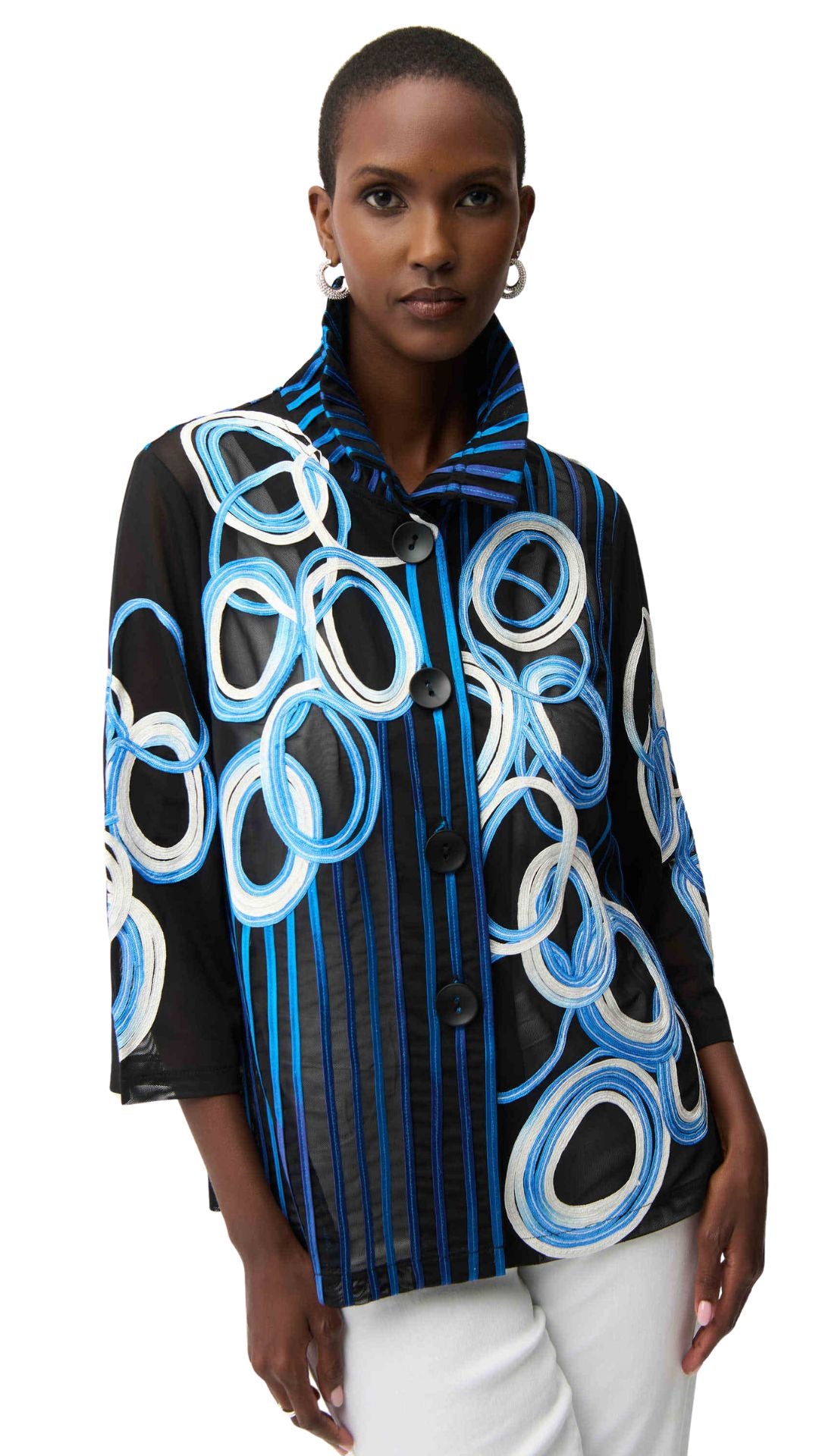 Satin & Mesh Bell Sleeve Circle Applique Jacket. Style JR261904