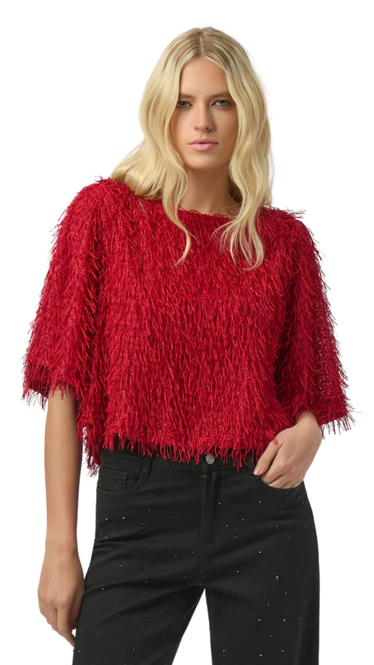 Red Eyelash Fringe Boxy Top. Style JR254105
