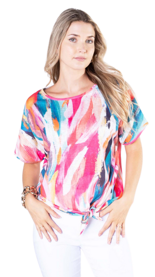 Petite Multi Pink Pattern Knot Front Top. Style JDA3305-P18