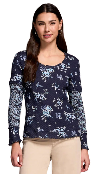 Printed Pointelle Scoop Neck Knit Top. Style TR2328O-8281