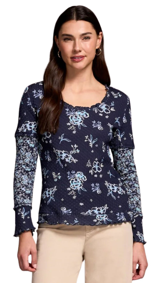 Printed Pointelle Scoop Neck Knit Top. Style TR2328O-8281