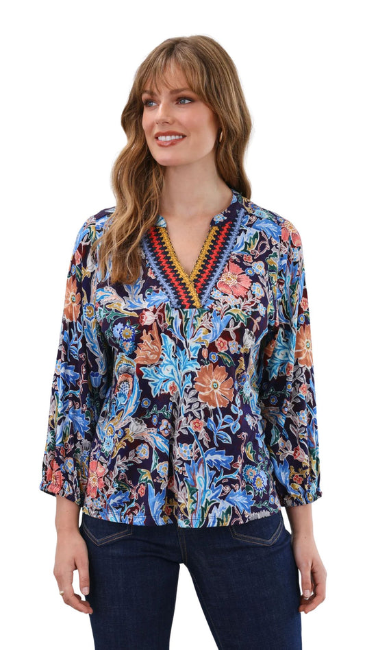 Damask Watercolour Embellished Neck Top. Style FD3188153