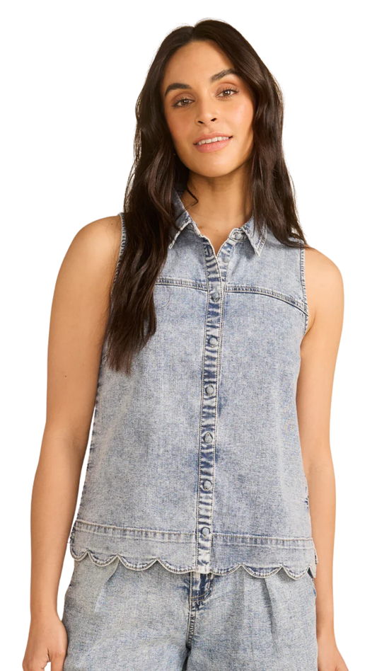 Scalloped Hem Button Front Collared Denim Sleeveless Top. Style FD7182992