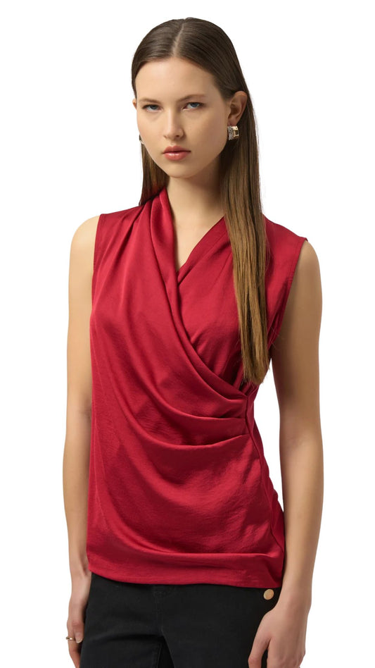 Cherry Satin Sleeveless Wrap Top. Style JR254215