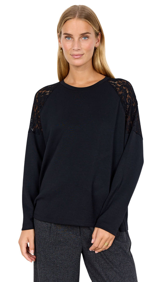 Black Shoulder Lace Detail Pull-Over Sweater. Style SOYA4F27267