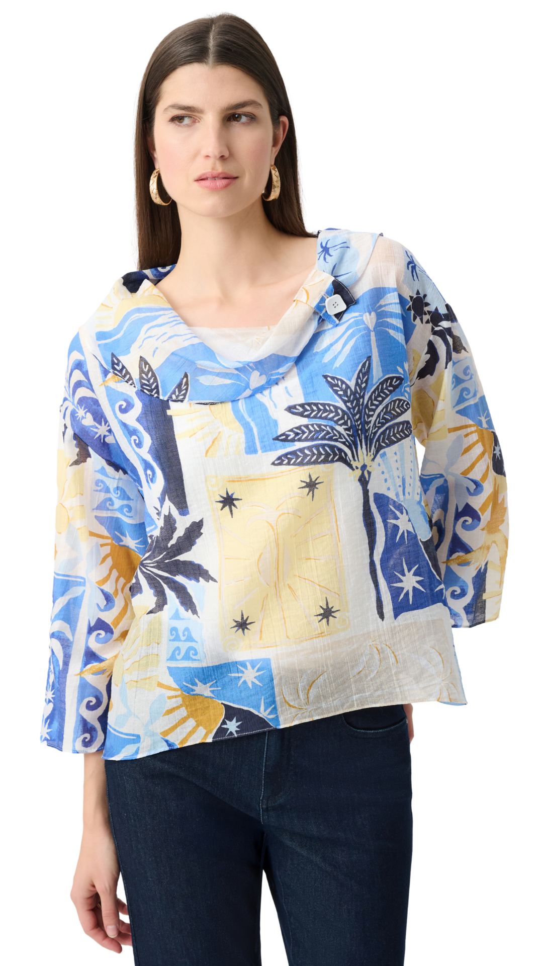 Sheer Woven Tropical Print Cowl Neck Boxy Top. Style JR262151