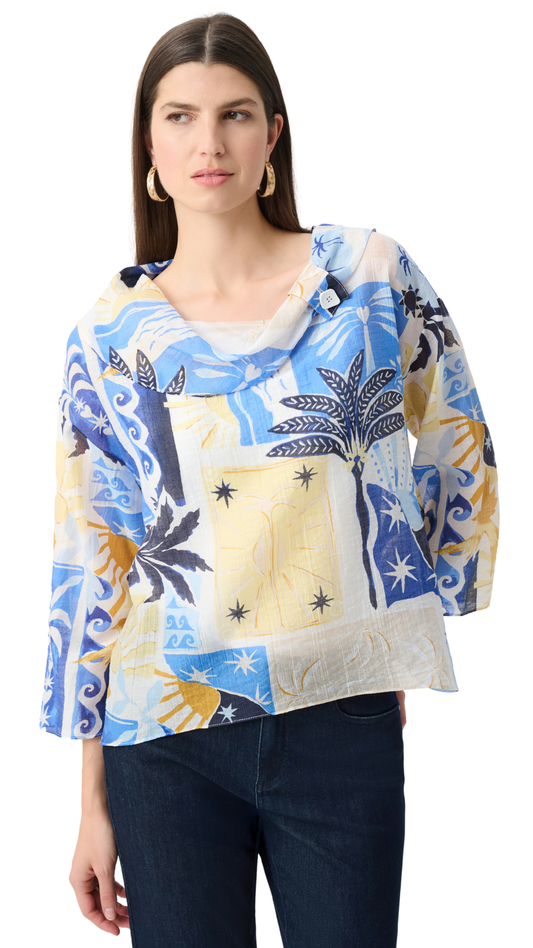 Sheer Woven Tropical Print Cowl Neck Boxy Top. Style JR262151