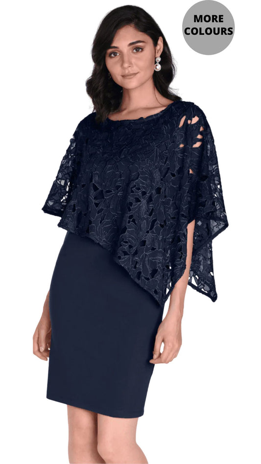 Embroidered Cape Overlay Dress. Style FL242132